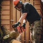 Worker cutting wood with chainsaw during tree removal Tampa
