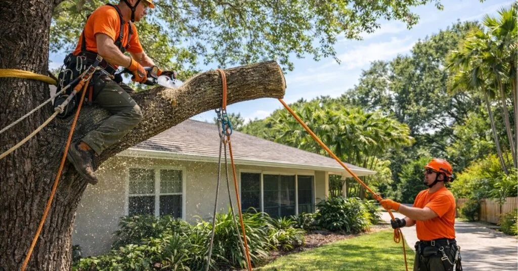Tree branch removal near house roof Tampa Arborist cutting tree branches at height Tampa