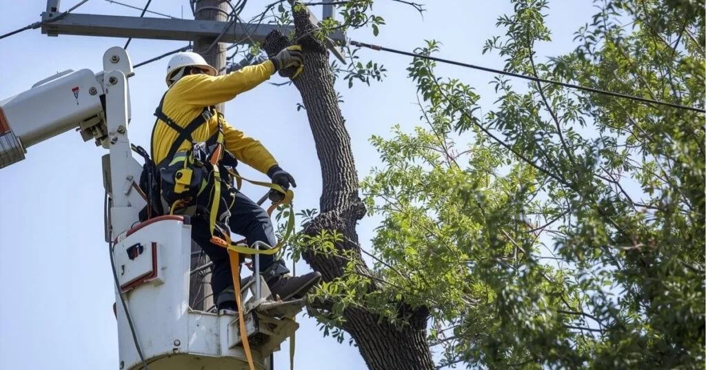 Worker trimming tree using lift equipment Tampa