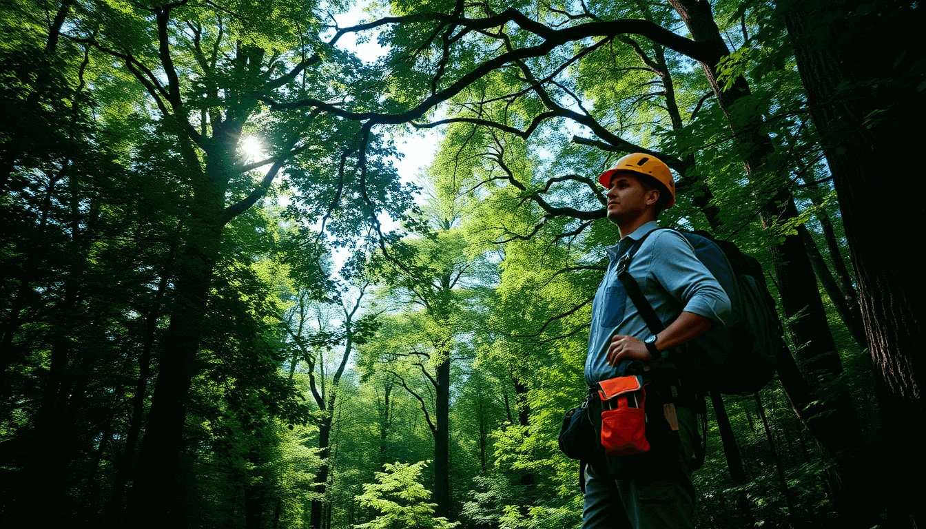 Professional arborist inspecting trees in forest for tree care and maintenance services