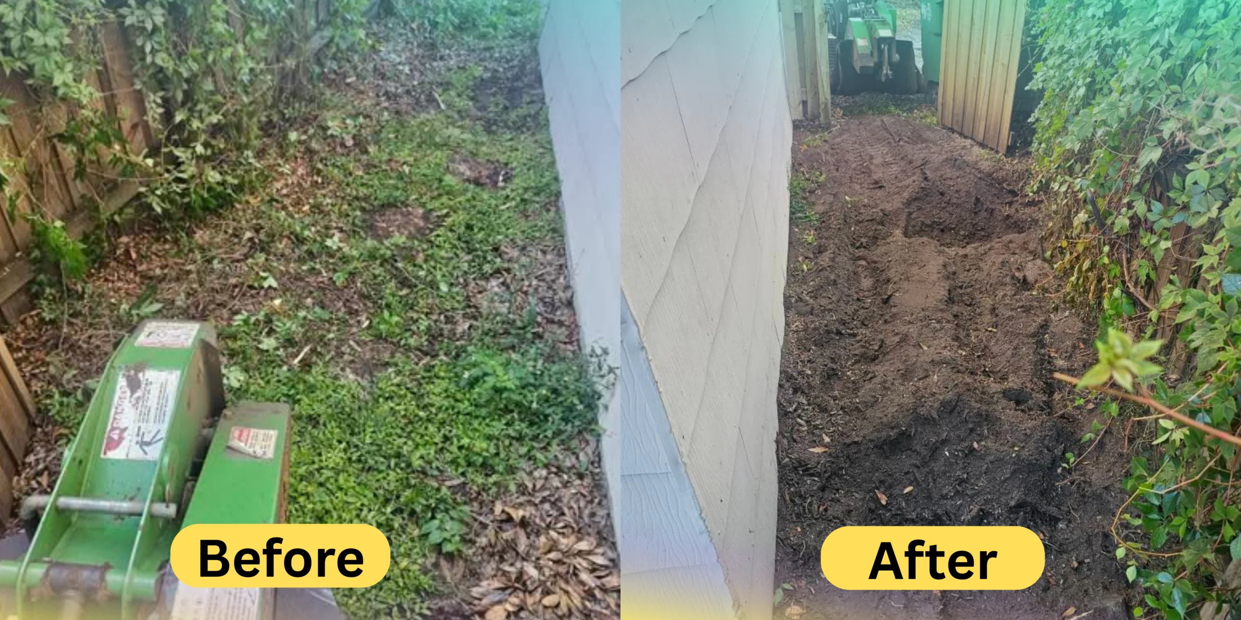Before and after backyard stump removal in St Petersburg FL showing cleared and leveled narrow yard space