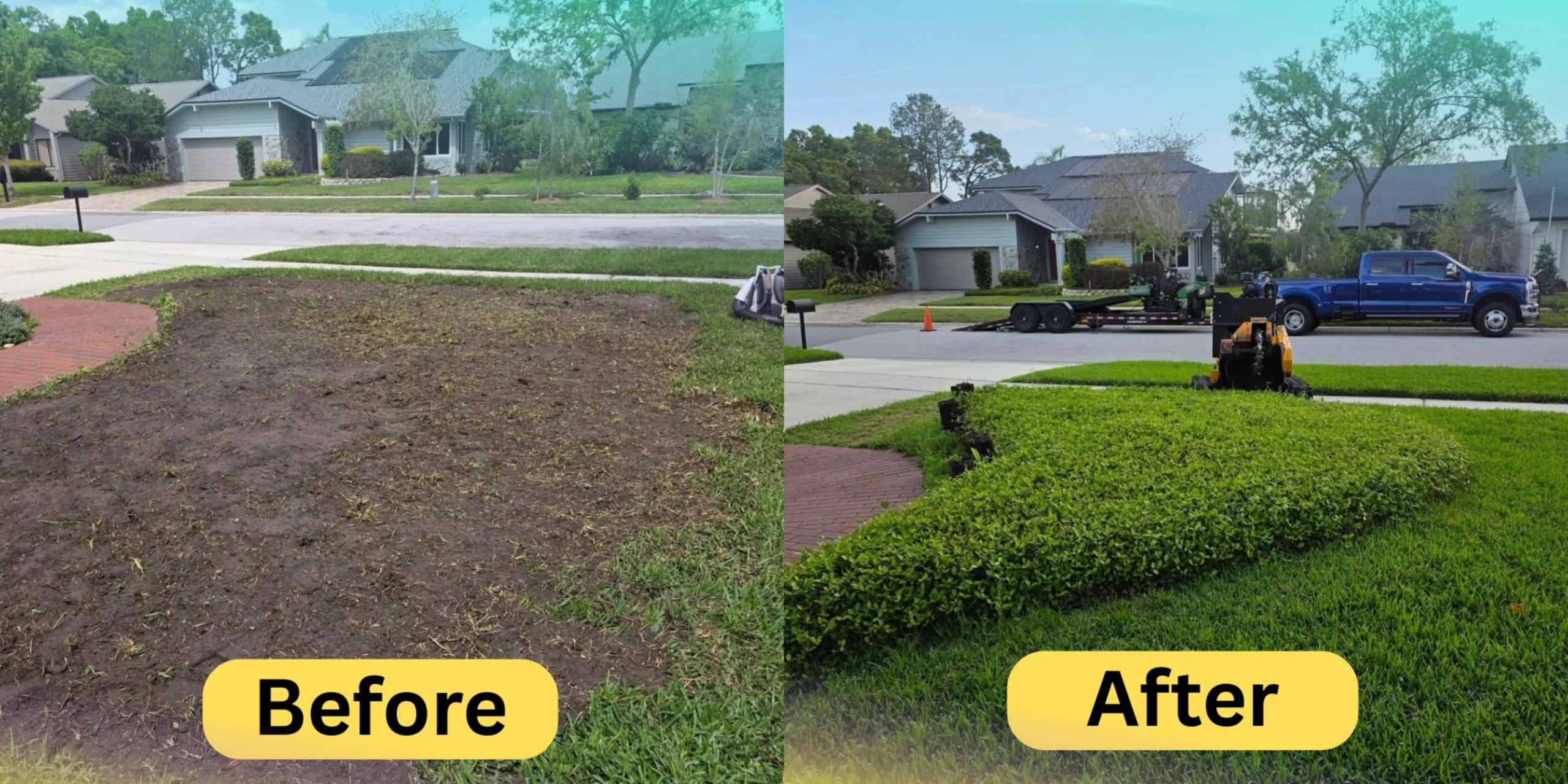 Before and after stump removal and lawn restoration in Tampa FL residential property
